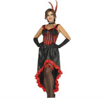 A woman modeling a black and red insect-themed costume with a striped corset top, long black gloves, a ruffled black skirt with red trim, striped tights, a choker, and a headpiece with red feathers. The photo is on a white background with a copyright notice for Fiestas Guirca s.