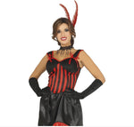A woman modeling a black and red striped costume dress with a black lace choker, black opera gloves, and a red feather headpiece against a white background.