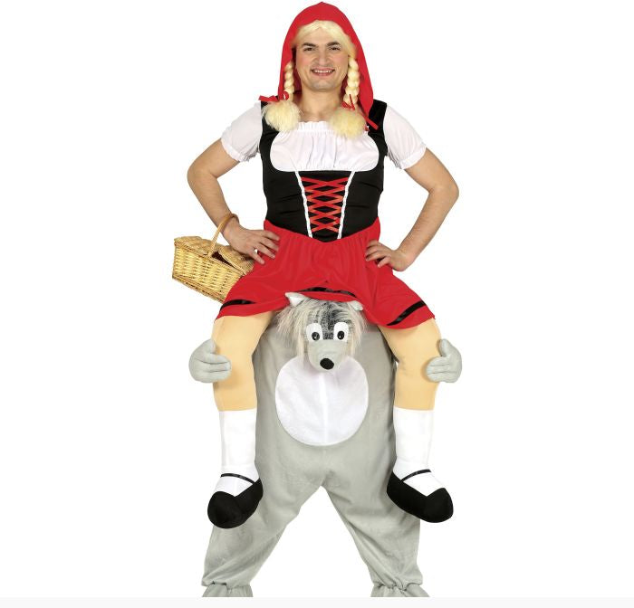A person modeling a Red Riding Hood costume sitting on a gray Wolf costume, holding a small wicker basket, against a plain white background.