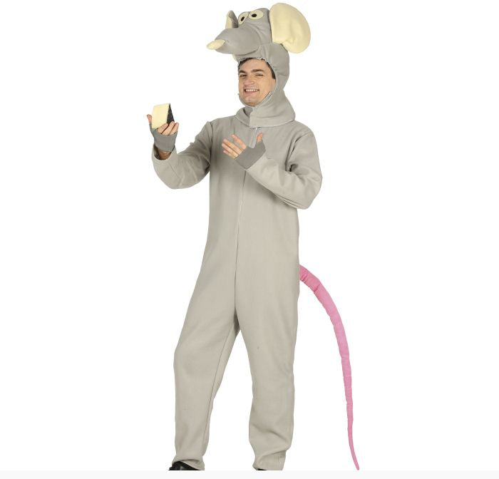 A man modeling a full-body gray mouse costume with a hooded head, beige ears, and a long pink tail, standing against a plain white background and holding a small object in one hand.