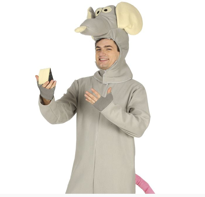 A man wearing a light gray mouse costume with a hood featuring large floppy ears, a snout, and a pink tail, holding a small cheese wedge against a plain white background.