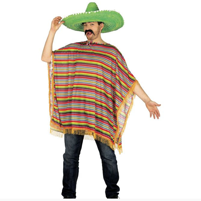 Person wearing a colorful poncho and green sombrero on a white background