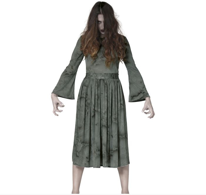 A woman modeling a dark olive green midi dress with a distressed, tie-dye-like pattern, featuring long bell sleeves and a high neckline, set against a plain white background.