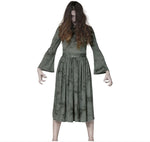 A woman modeling a dark olive green midi dress with a distressed, tie-dye-like pattern, featuring long bell sleeves and a high neckline, set against a plain white background.