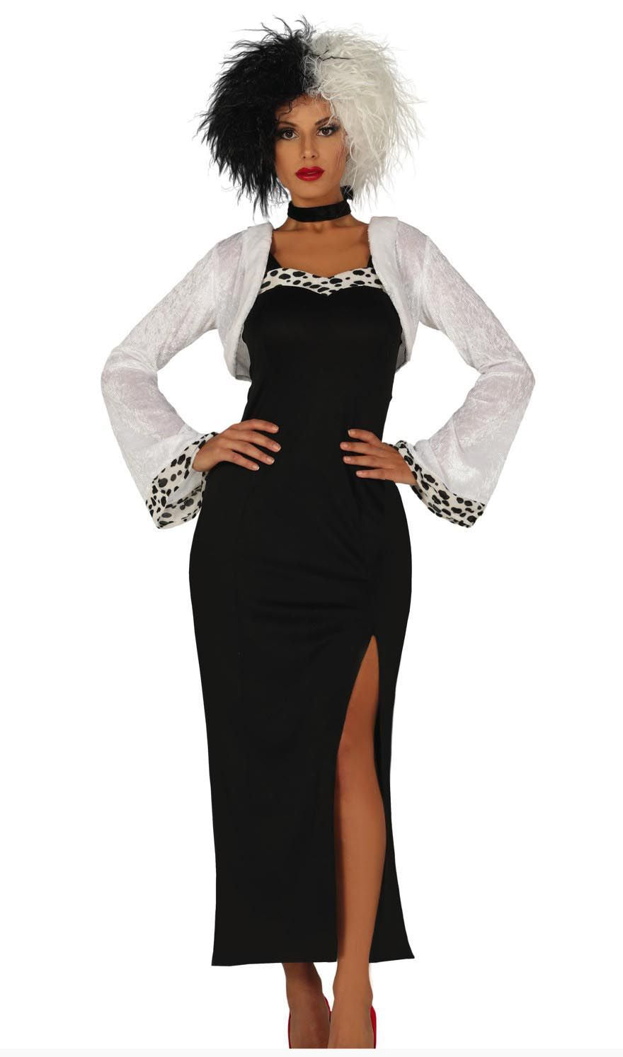 Black dress with white bolero and leopard print cuffs worn by a model on a white background.