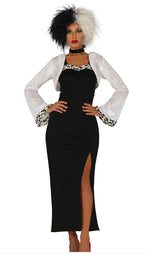 Black dress with white bolero and leopard print cuffs worn by a model on a white background.