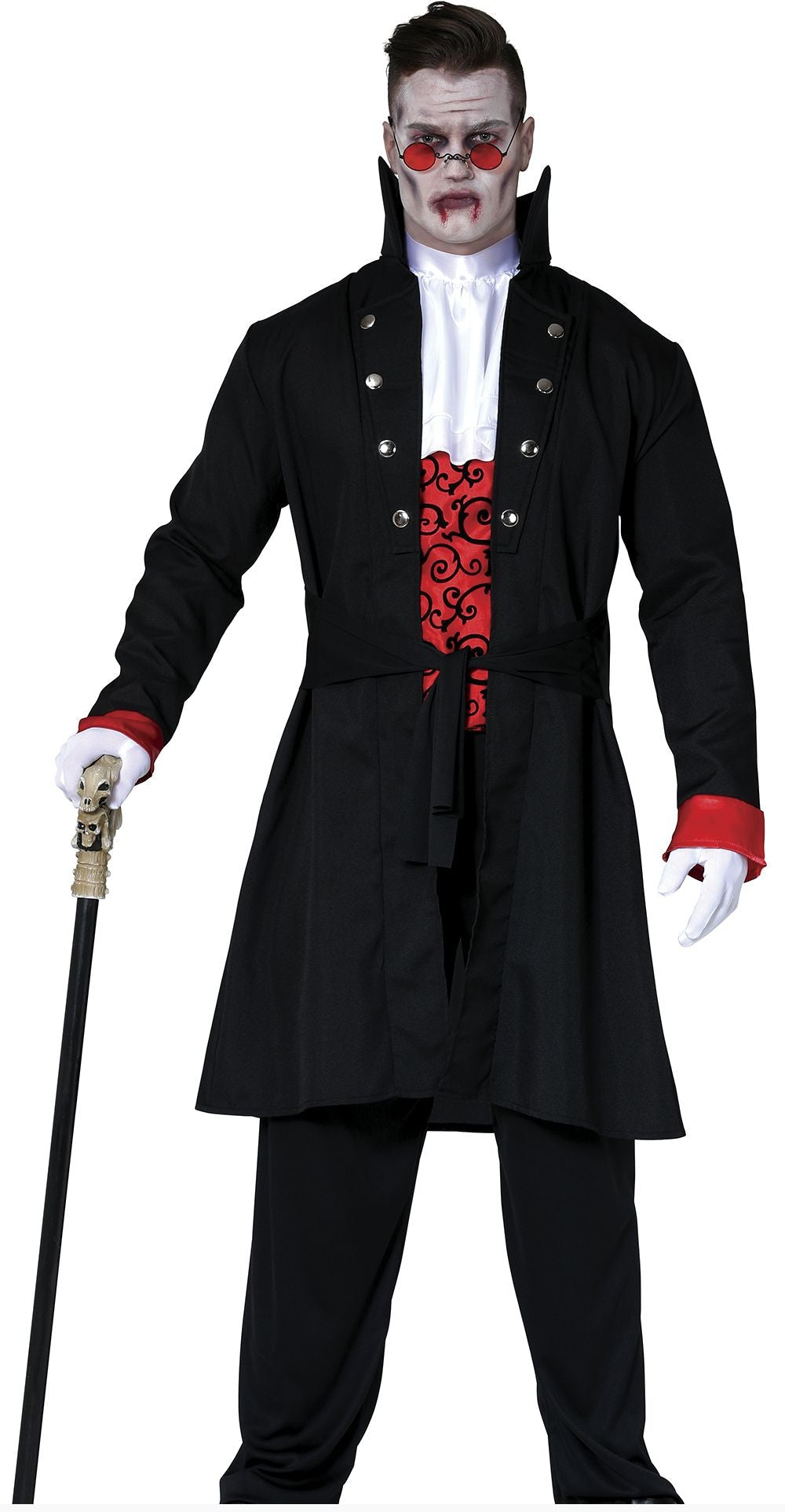 Person wearing a black costume with red accents and holding a cane on a white background