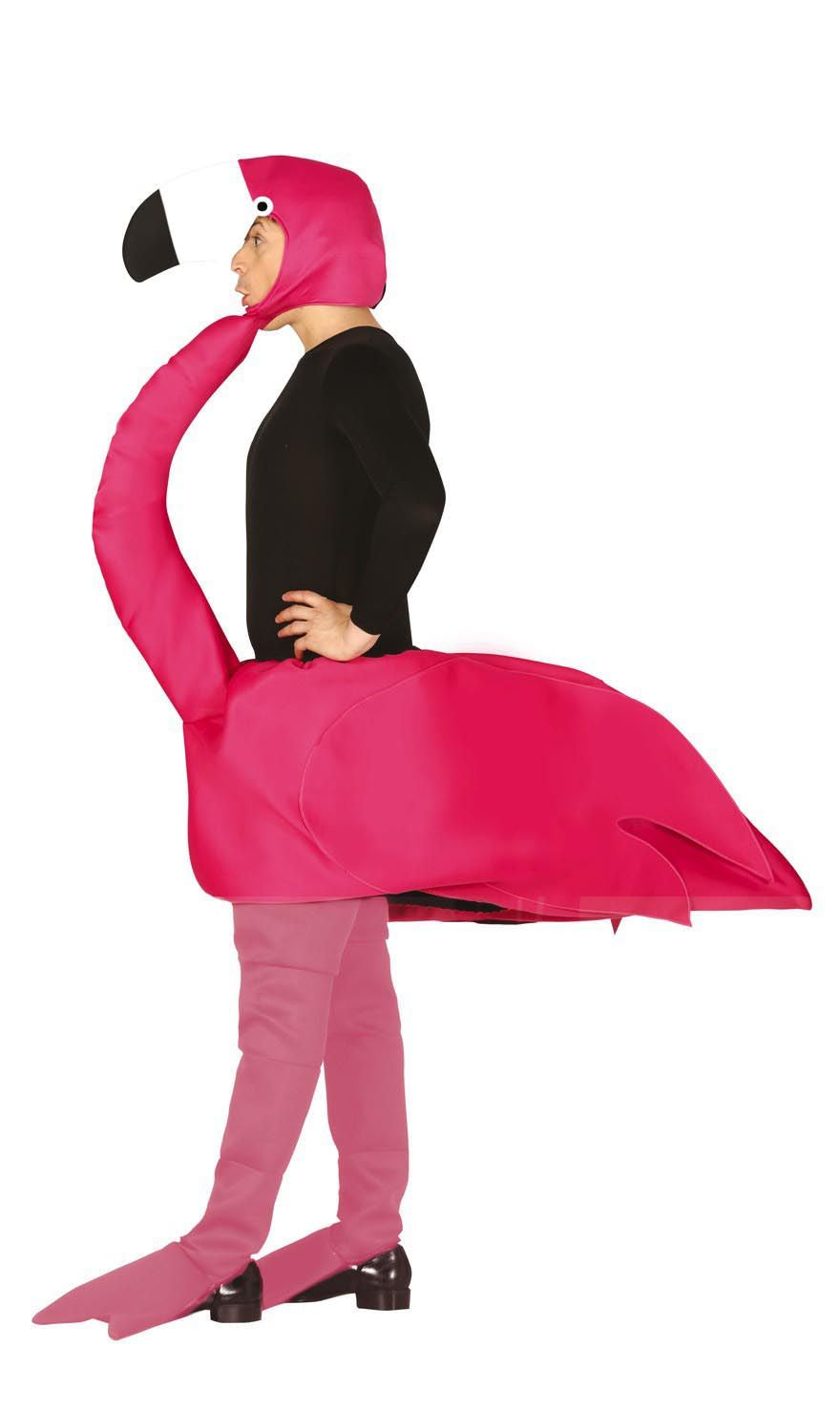 Person wearing a pink flamingo costume on a white background