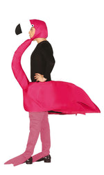 Person wearing a pink flamingo costume on a white background