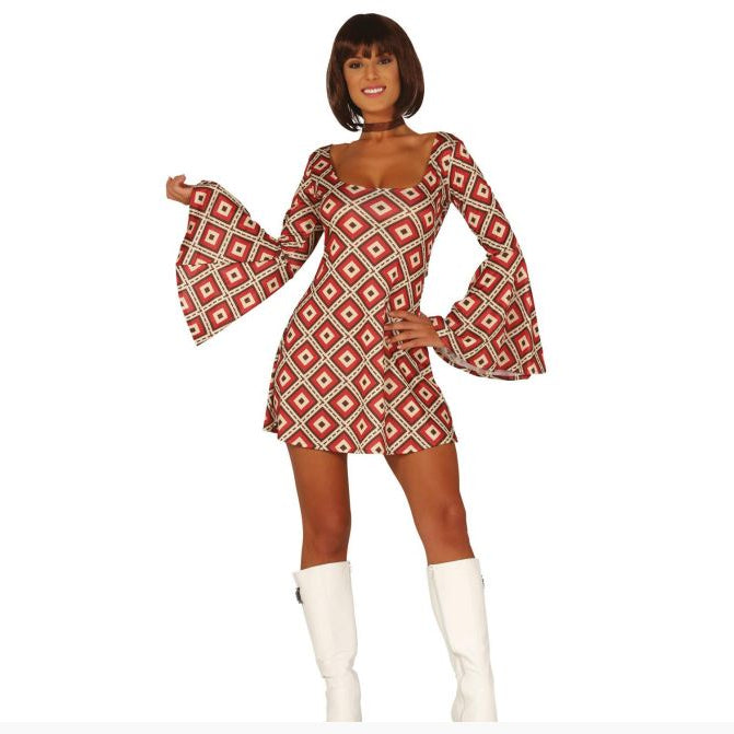 Woman wearing a patterned dress with long sleeves on a white background