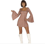 Model wearing a patterned dress with bell sleeves on a white background