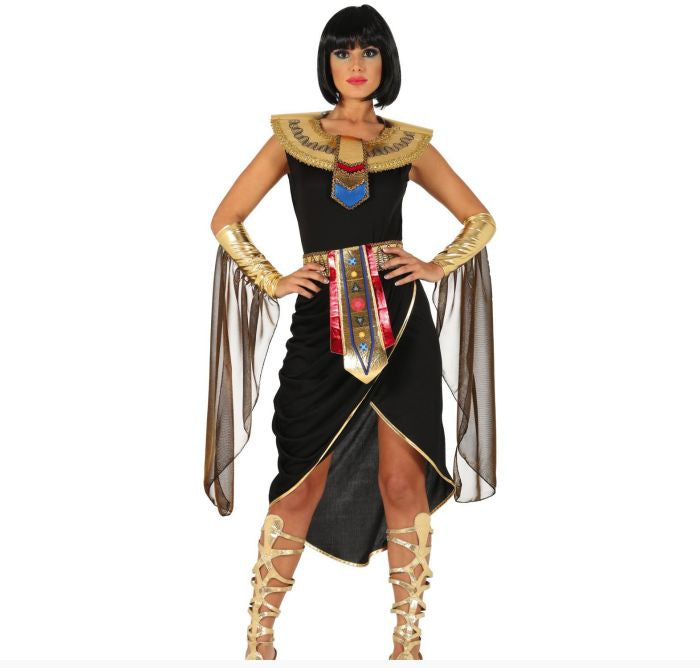 Person wearing an Egyptian costume with a black dress, gold accents, and a headdress on a white background.
