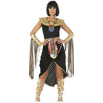 Person wearing an Egyptian costume with a black dress, gold accents, and a headdress on a white background.