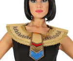 Person wearing a decorative collar with intricate designs on a white background