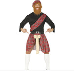 Person wearing a Scottish costume with a kilt, tartan sash, and beard on a white background.