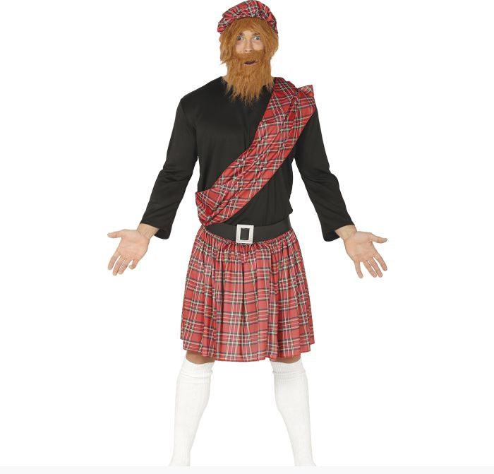 Person wearing a Scottish costume with a kilt, sash, and beard on a white background.