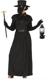 Person wearing a black costume with a top hat, mask, and holding props on a white background