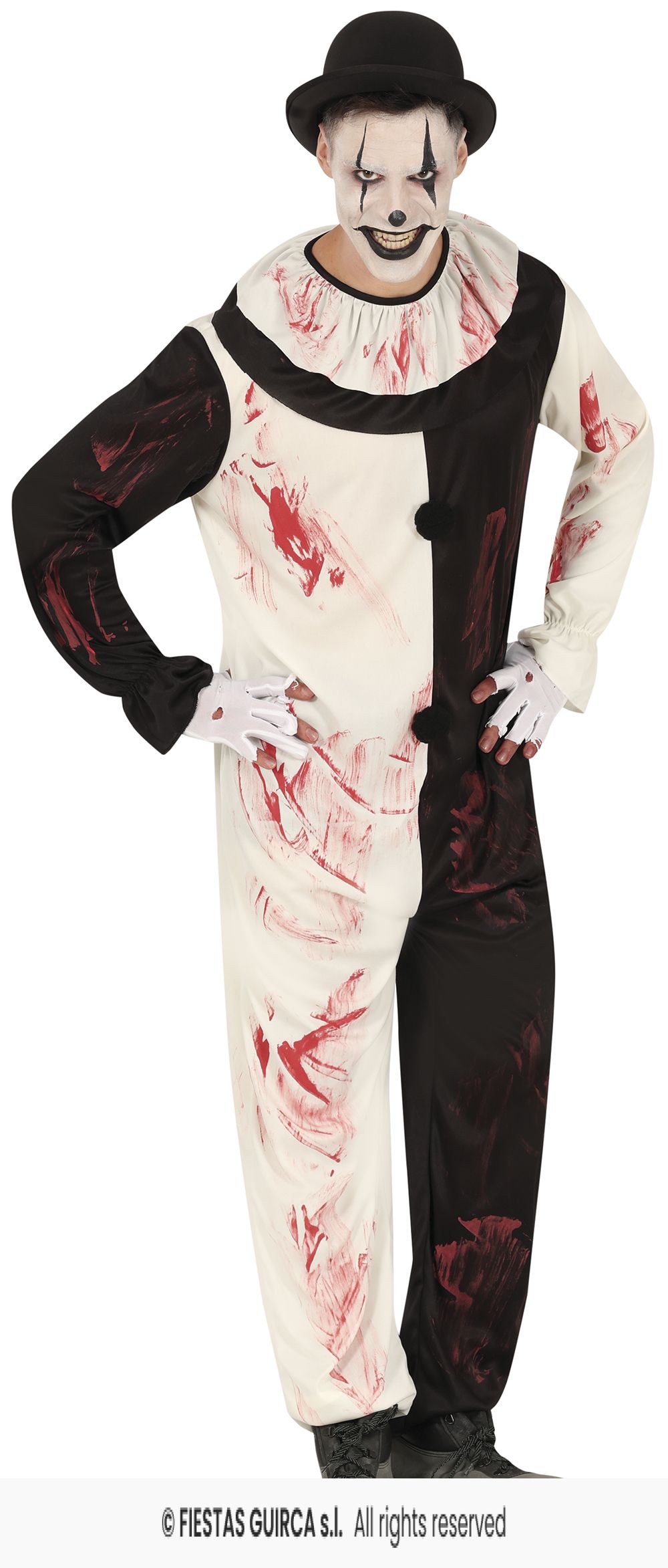 Person wearing a Halloween-themed clown costume with black and white outfit and red accents.