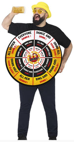 Person wearing a costume with a large wheel labeled 'Dance and Drink' and a yellow hard hat.
