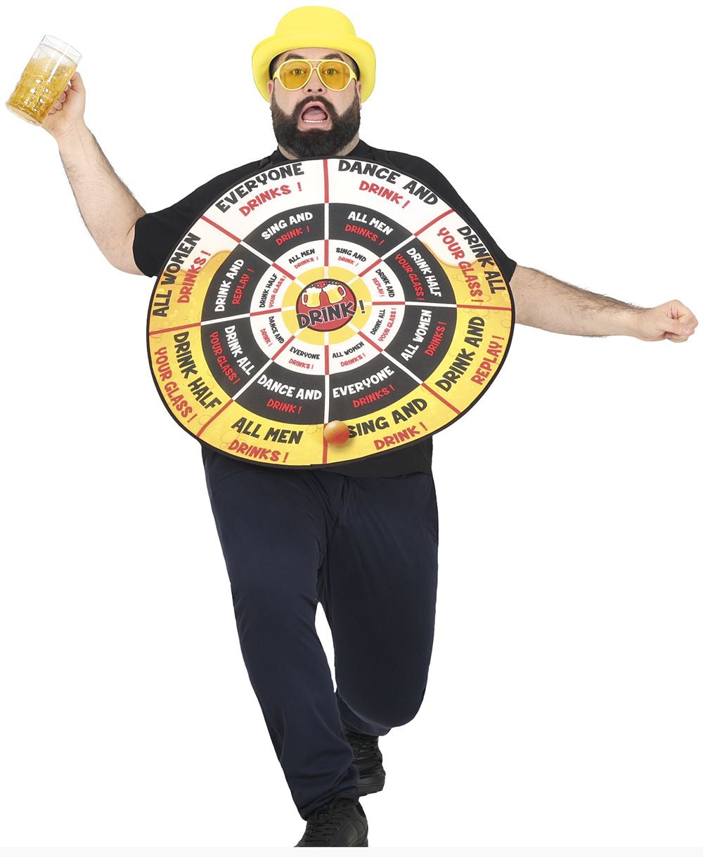 Person wearing a costume with a wheel design and holding a beer mug.