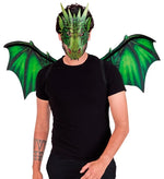 Person wearing a green dragon mask and wings on a white background