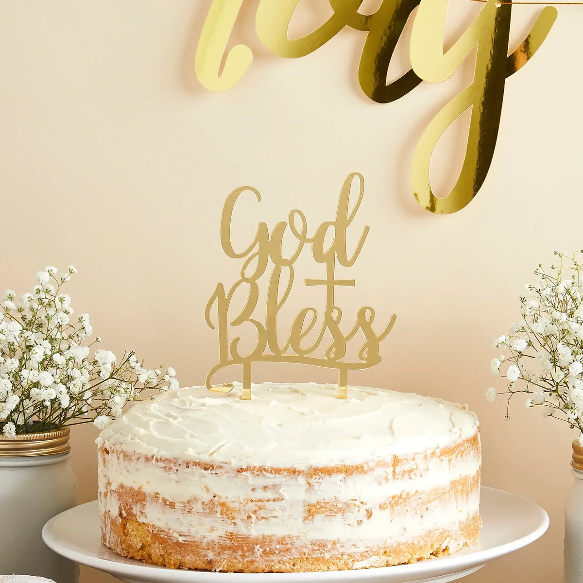 Communion Gold Acrylic 'God Bless' Cake Topper