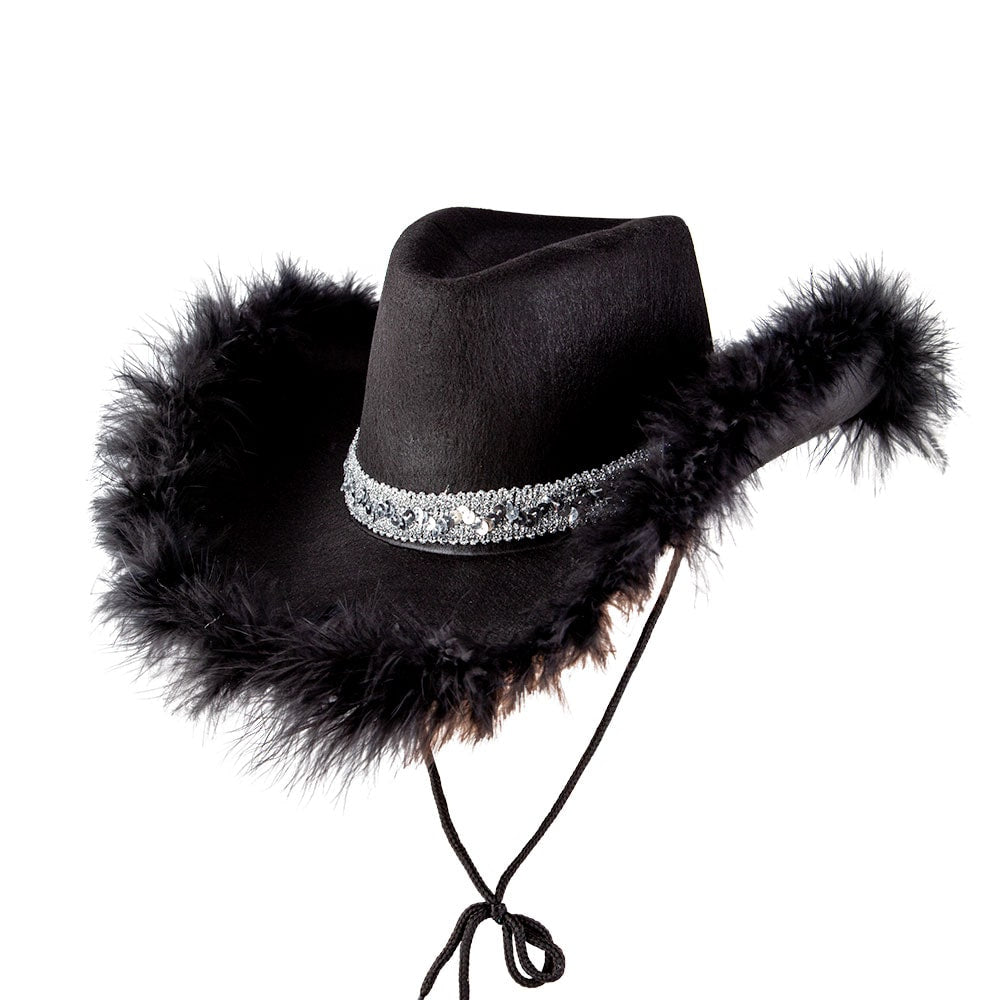 Texan Cowgirl Hat - Black with Sequins & Marabou