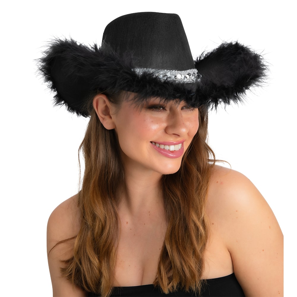 Texan Cowgirl Hat - Black with Sequins & Marabou