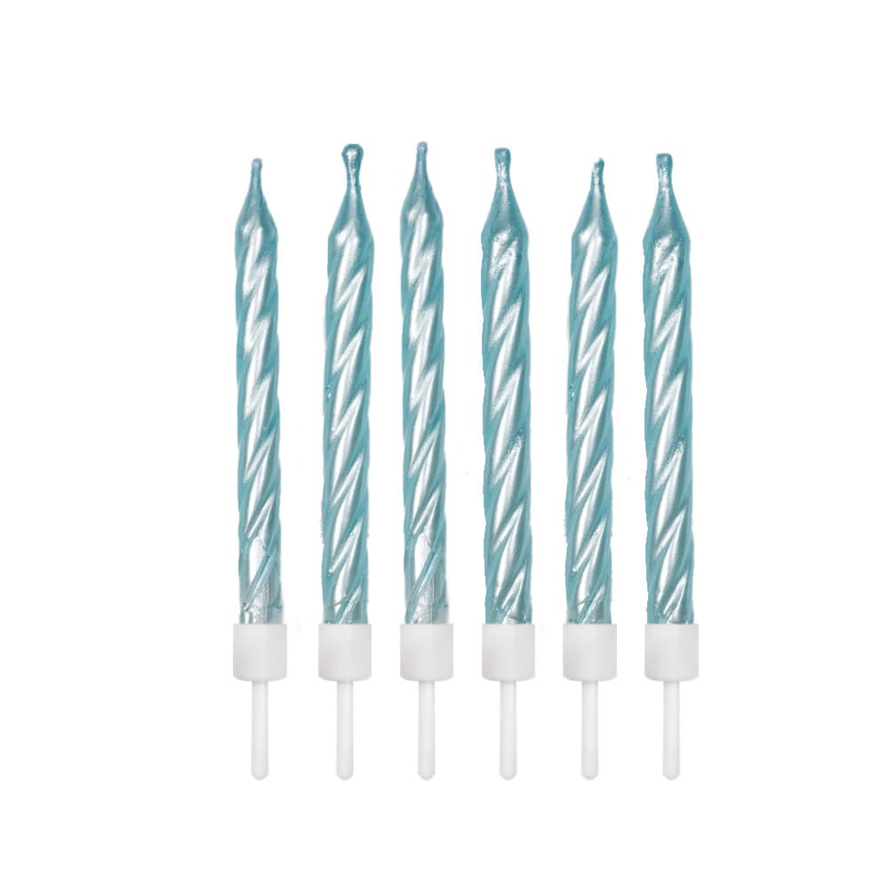 Pearlescent Blue Birthday Candles with Holders - 12pk
