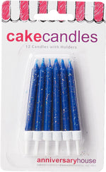 Navy Blue Glitter Birthday Candles with Holders - 12pk