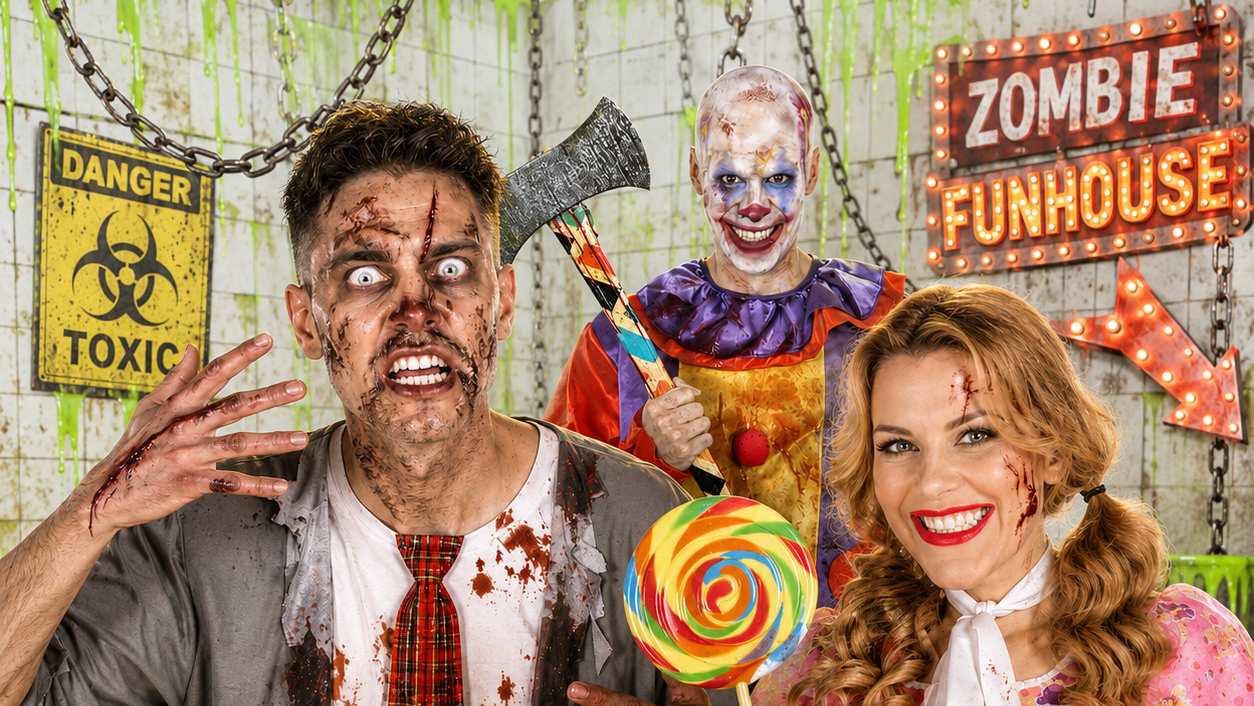 A Halloween costume photography backdrop depicting a zombie man and a vampire woman in a blood-splattered room, with a clown figure in the background and props including a biohazard bucket, 'World's Worst Water' bottle, and a 'Zombie Funhouse' sign.