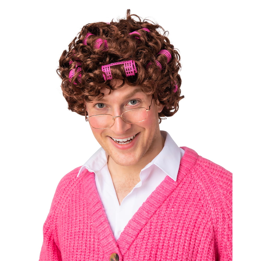 Granny Perm Wig with Rollers - Brown