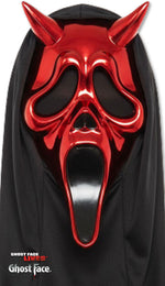 Red devil chrome Ghost Face mask with hood. Featuring the Ghost Face logo.