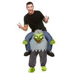 Person in a black shirt with another person on their shoulders wearing a Halloween costume.