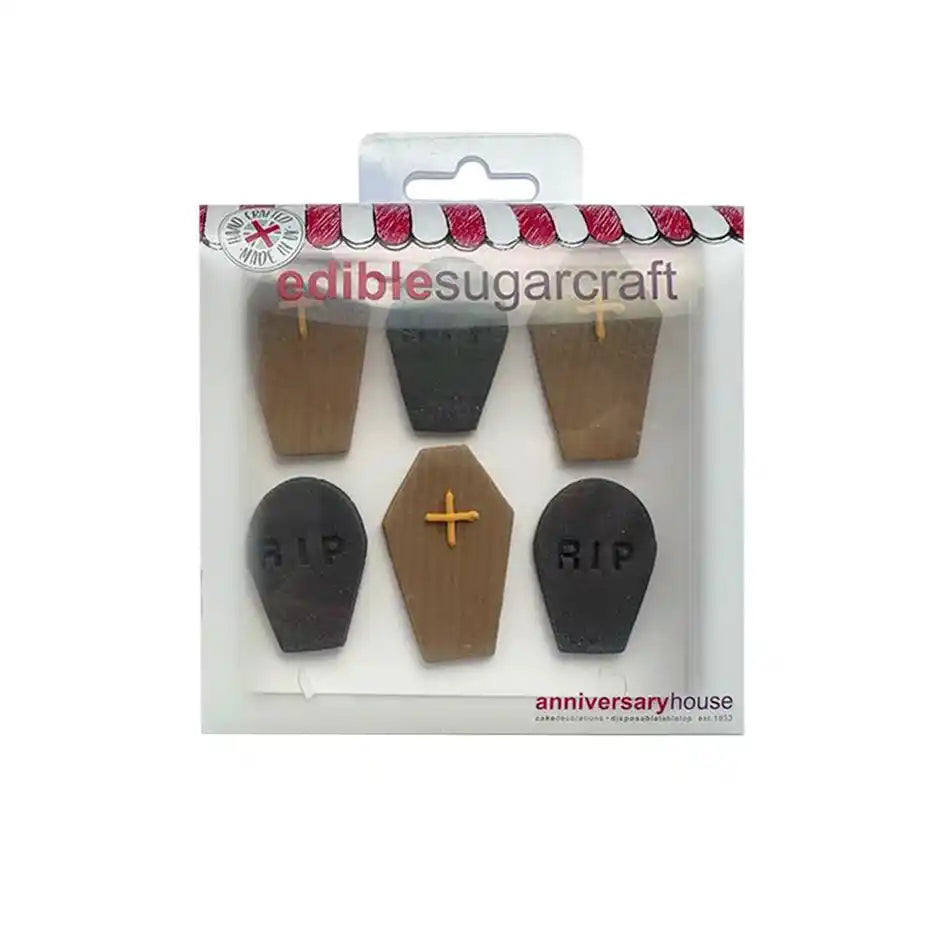 Ghoulish Graveyard Coffins & Tombstones Sugar Toppers - 6pk