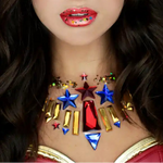 Woman with colorful face and body makeup resembling a superhero costume.