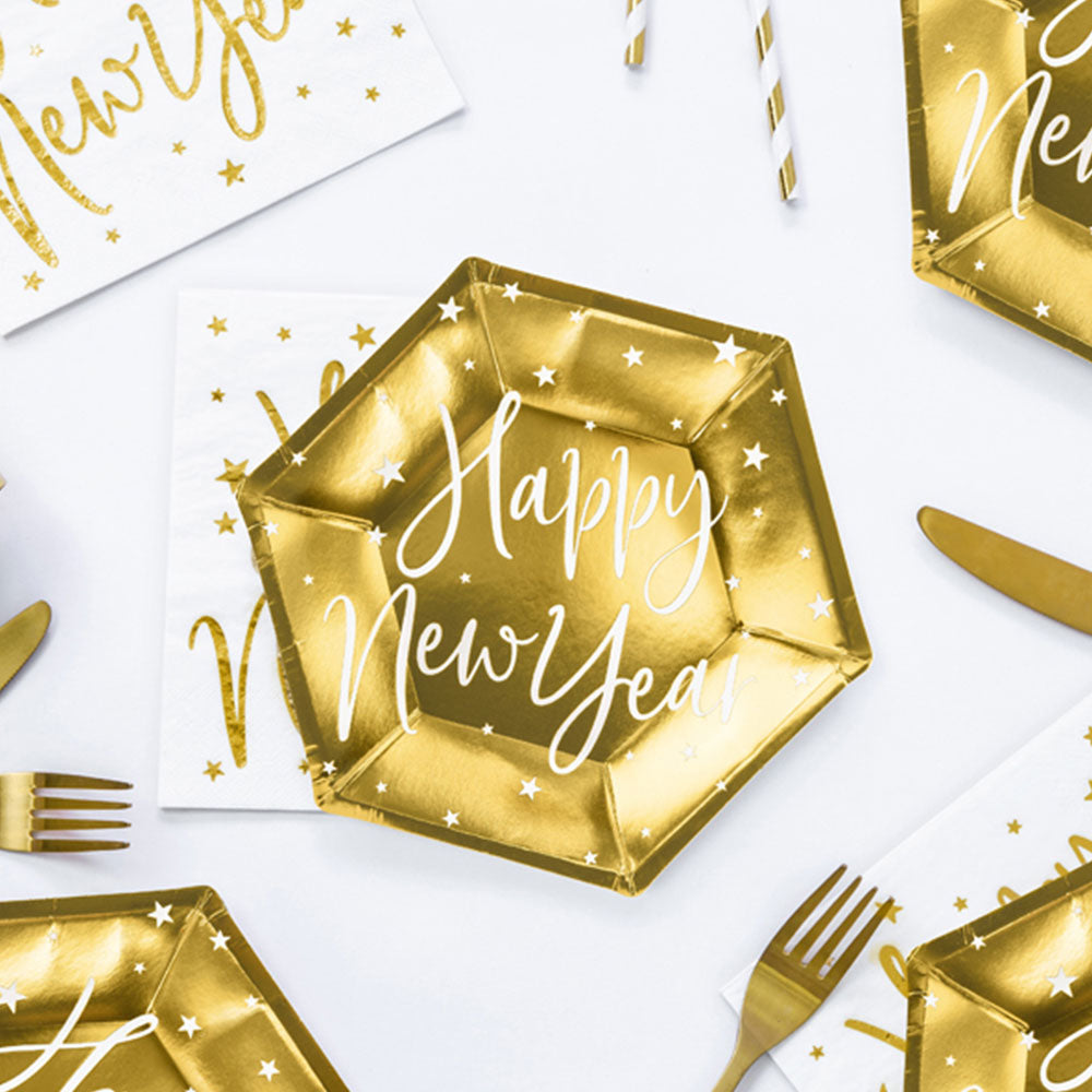 Hexagonal Shaped Gold Happy New Year - 6pk