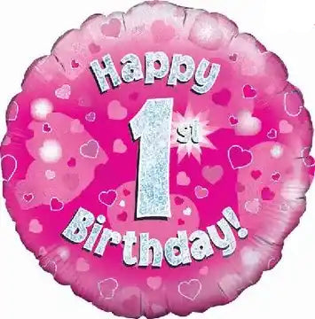 18inch Happy 1st Birthday Pink Holographic Foil Balloon
