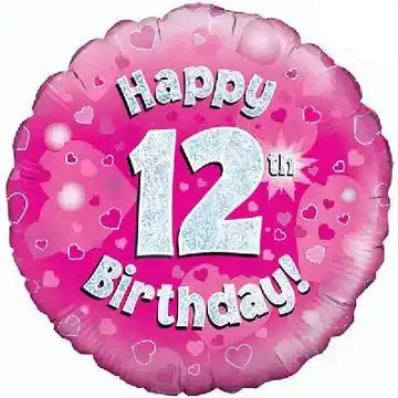 18inch Happy 12th Birthday Pink Holographic Foil Balloon