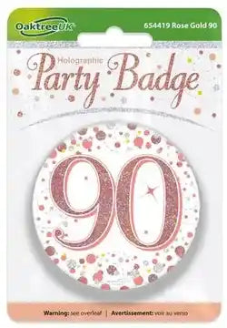 90th Rose Gold Sparkling 3" Holographic Birthday Badge