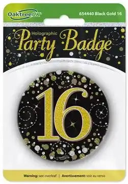 16th Black & Gold 3" Holographic Birthday Badge