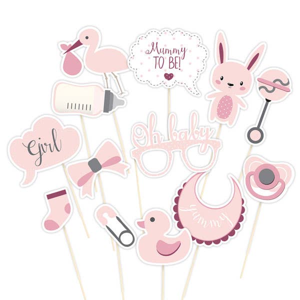 Baby Shower Pink Photo Booth Props - 13 Pack