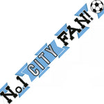 Foil banner with 'No. 1 City Fan!' text and a soccer ball icon on a white background