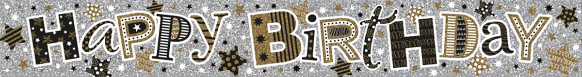 Black & Gold Holographic Sparkling Happy Birthday Banner - 2.6m Long