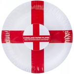 England-themed paper plates with red and white design, displayed with packaging.